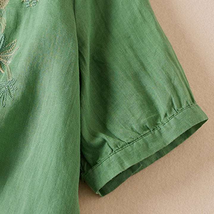 Buddha Stones Casual Stickerei Pflanzen Damen V-Ausschnitt Design Halbarm Baumwollmischhemd