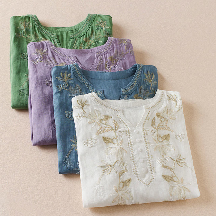 Buddha Stones Casual Stickerei Pflanzen Damen V-Ausschnitt Design Halbarm Baumwollmischhemd