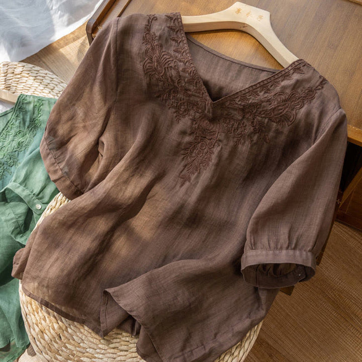 Lässiges Baumwollhemd mit Blumenmuster und V-Ausschnitt für Damen mit Buddha Stones