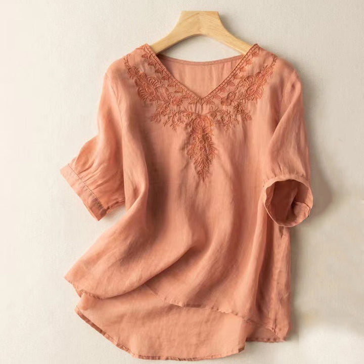 Lässiges Baumwollhemd mit Blumenmuster und V-Ausschnitt für Damen mit Buddha Stones