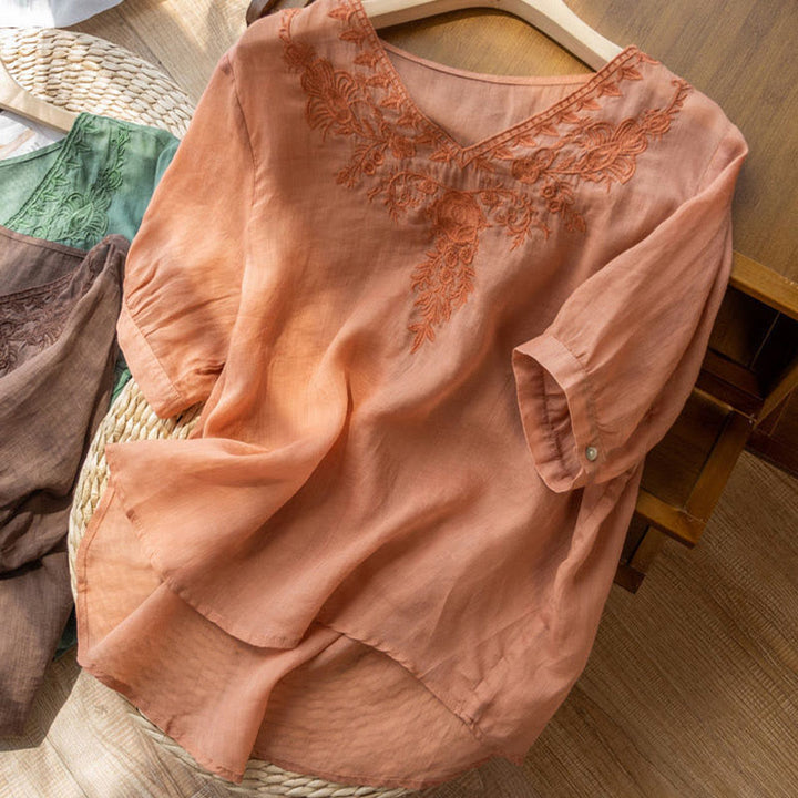 Lässiges Baumwollhemd mit Blumenmuster und V-Ausschnitt für Damen mit Buddha Stones