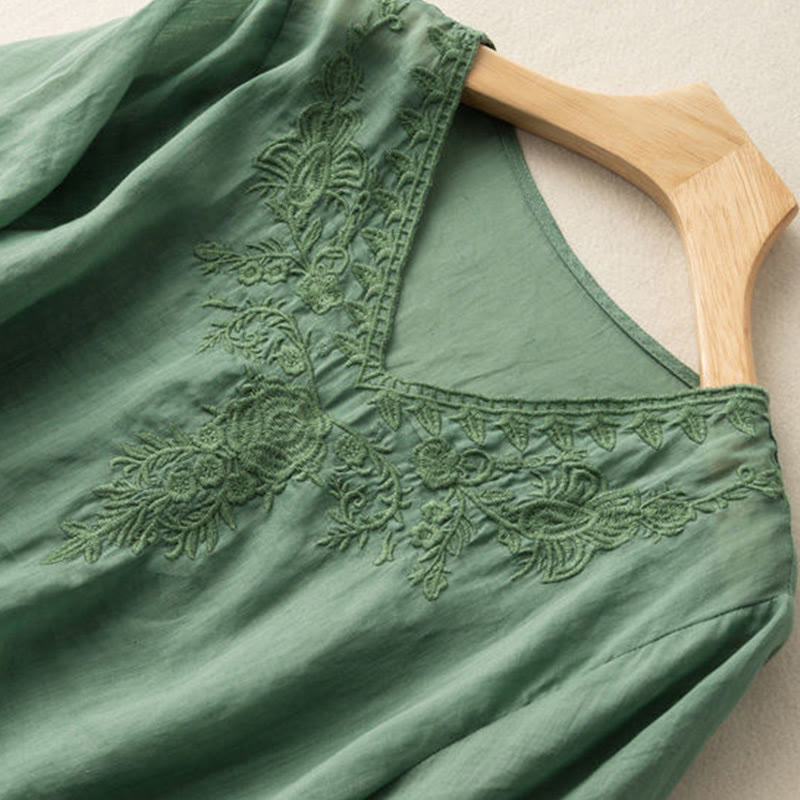 Lässiges Baumwollhemd mit Blumenmuster und V-Ausschnitt für Damen mit Buddha Stones