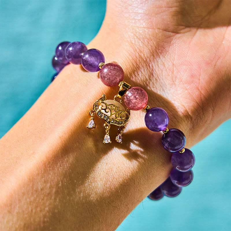 Buddha Stones Natürlicher Amethyst Erdbeerquarz Peace Lock Charm Positives Armband