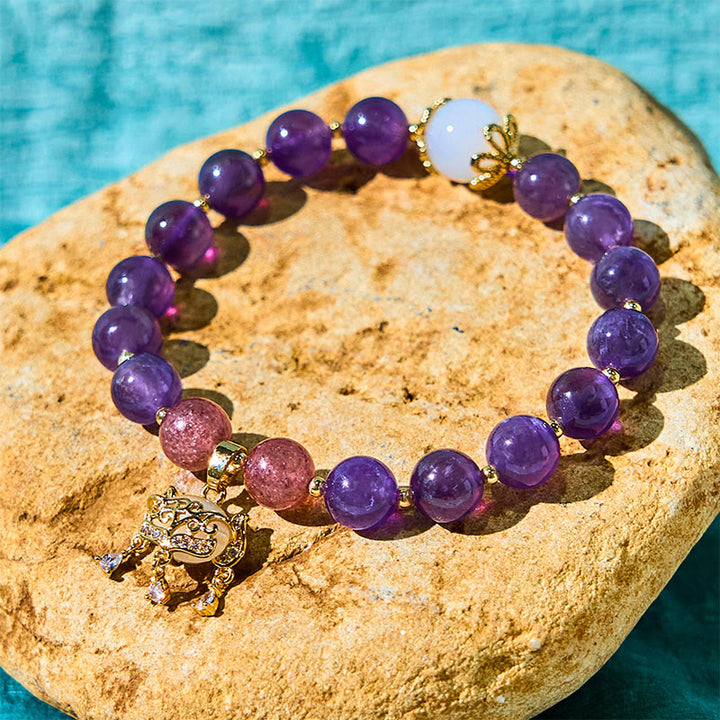 Buddha Stones Natürlicher Amethyst Erdbeerquarz Peace Lock Charm Positives Armband