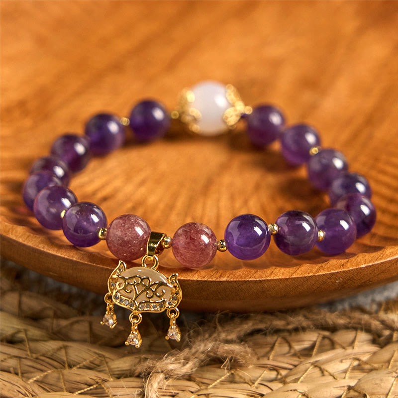 Buddha Stones Natürlicher Amethyst Erdbeerquarz Peace Lock Charm Positives Armband