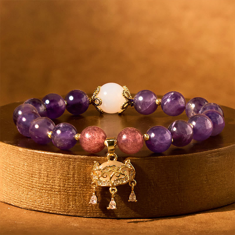 Buddha Stones Natürlicher Amethyst Erdbeerquarz Peace Lock Charm Positives Armband