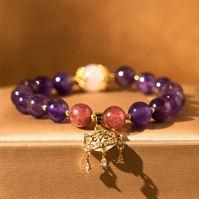 Buddha Stones Natürlicher Amethyst Erdbeerquarz Peace Lock Charm Positives Armband