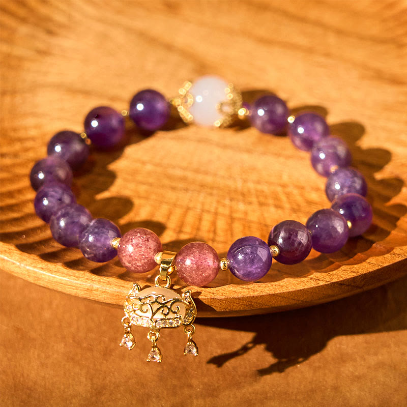 Buddha Stones Natürlicher Amethyst Erdbeerquarz Peace Lock Charm Positives Armband