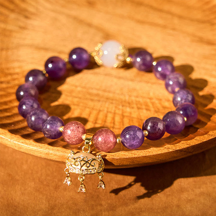 Buddha Stones Natürlicher Amethyst Erdbeerquarz Peace Lock Charm Positives Armband
