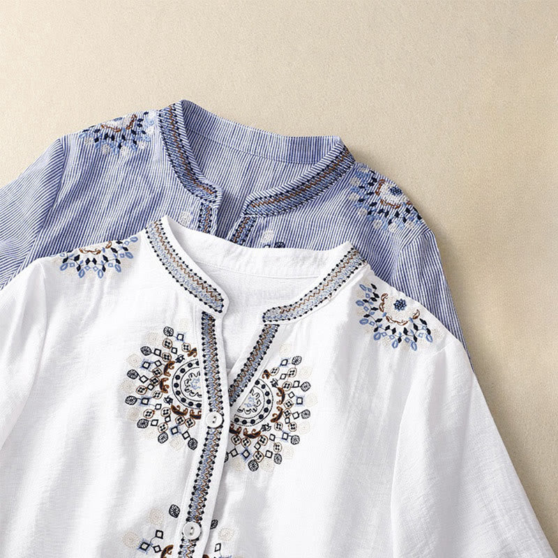 Buddha Stones Lässiges Damen-Blumen-Stickerei-V-Ausschnitt-Design mit halblangen Ärmeln aus Baumwolle und Leinen - image 9