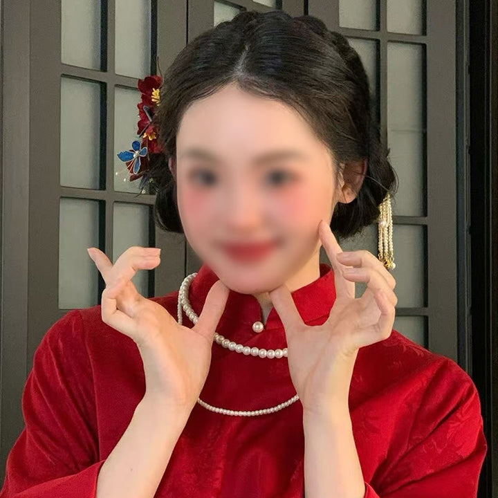 Buddha Stones Chinesische Hochzeit Rote Blume Schmetterling Haar Kamm Haarnadel Haarspange