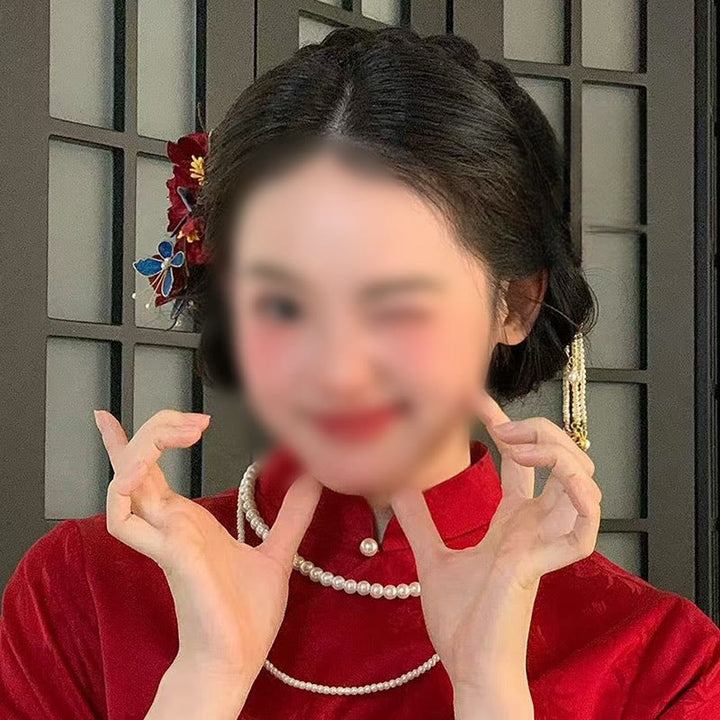 Buddha Stones Chinesische Hochzeit Rote Blume Schmetterling Haar Kamm Haarnadel Haarspange