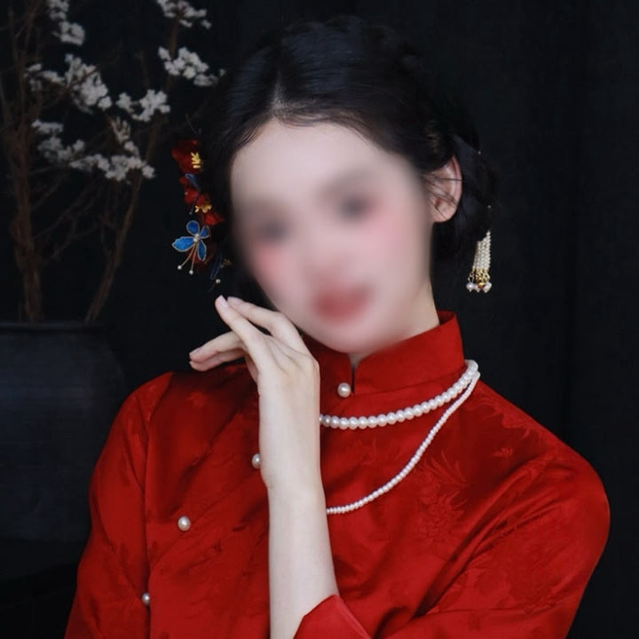 Buddha Stones Chinesische Hochzeit Rote Blume Schmetterling Haar Kamm Haarnadel Haarspange