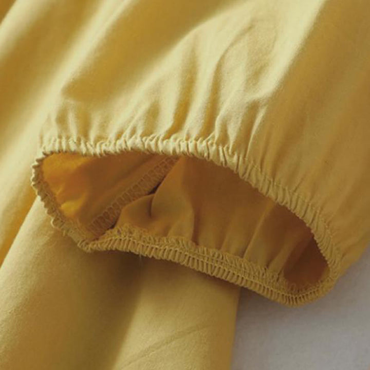 Buddha Stones Lässiges, schlichtes Damen-Hemd aus Baumwollleinen mit Rüschenkragen und Froschknöpfen, Halbarm