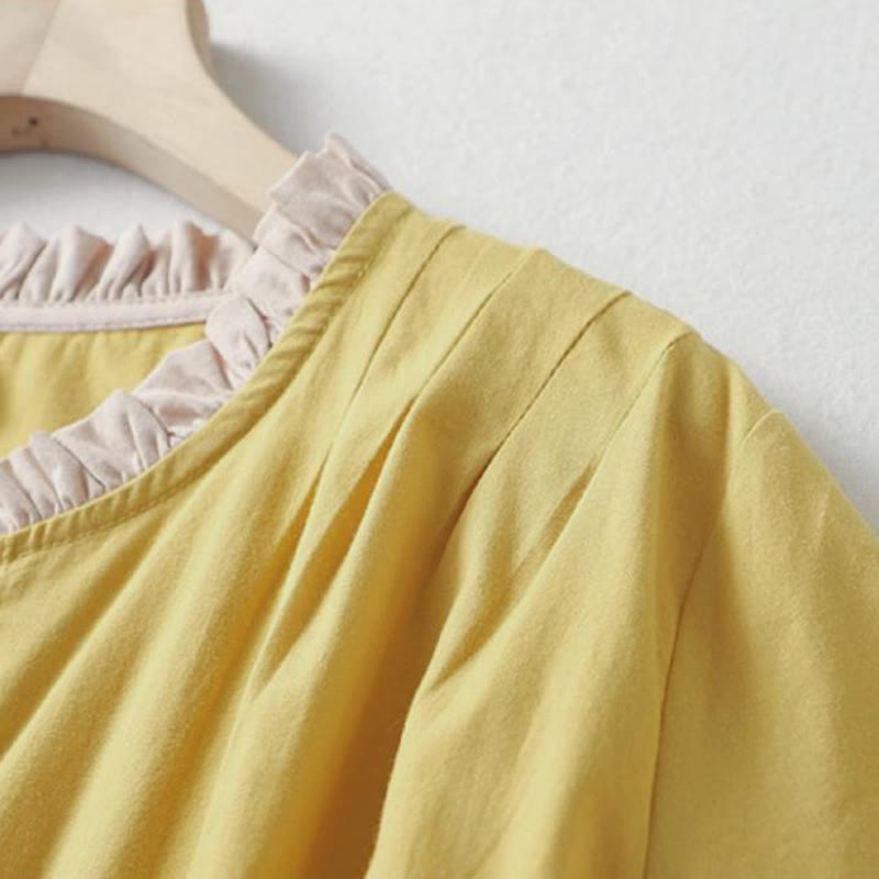 Buddha Stones Lässiges, schlichtes Damen-Hemd aus Baumwollleinen mit Rüschenkragen und Froschknöpfen, Halbarm