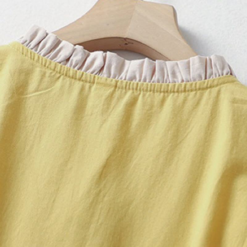 Buddha Stones Lässiges, schlichtes Damen-Hemd aus Baumwollleinen mit Rüschenkragen und Froschknöpfen, Halbarm