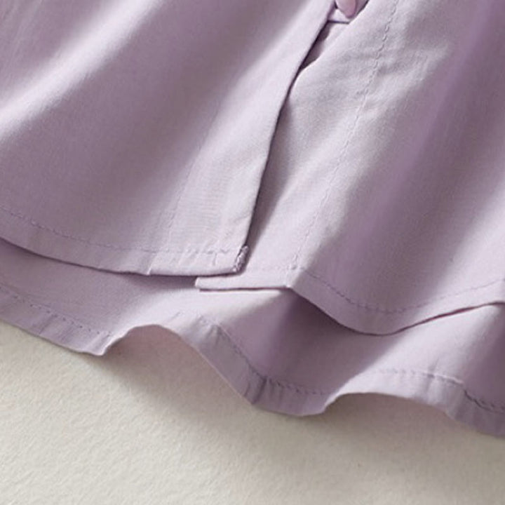 Buddha Stones Lässiges, schlichtes Damen-Hemd aus Baumwollleinen mit Rüschenkragen und Froschknöpfen, Halbarm