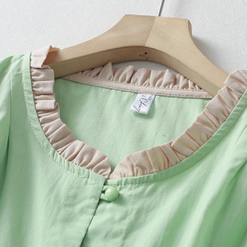 Buddha Stones Lässiges, schlichtes Damen-Hemd aus Baumwollleinen mit Rüschenkragen und Froschknöpfen, Halbarm