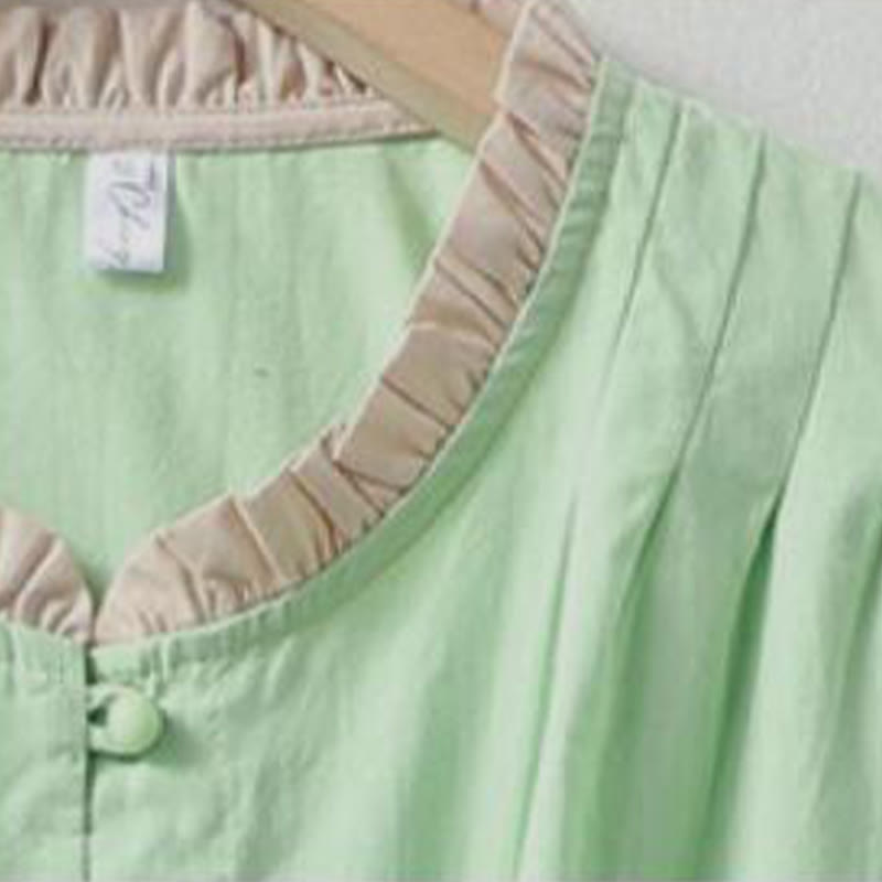 Buddha Stones Lässiges, schlichtes Damen-Hemd aus Baumwollleinen mit Rüschenkragen und Froschknöpfen, Halbarm