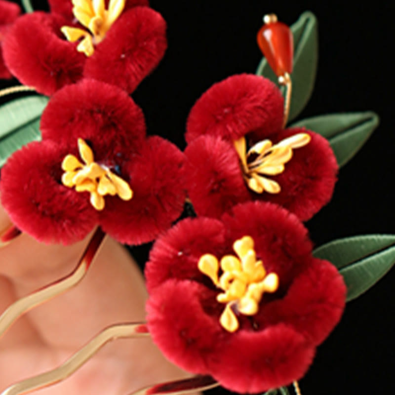 Buddha Stones im klassischen chinesischen Stil, rote Blume, blauer Schmetterling, Haarnadel, Haarspange, Haarkamm, Haarspange