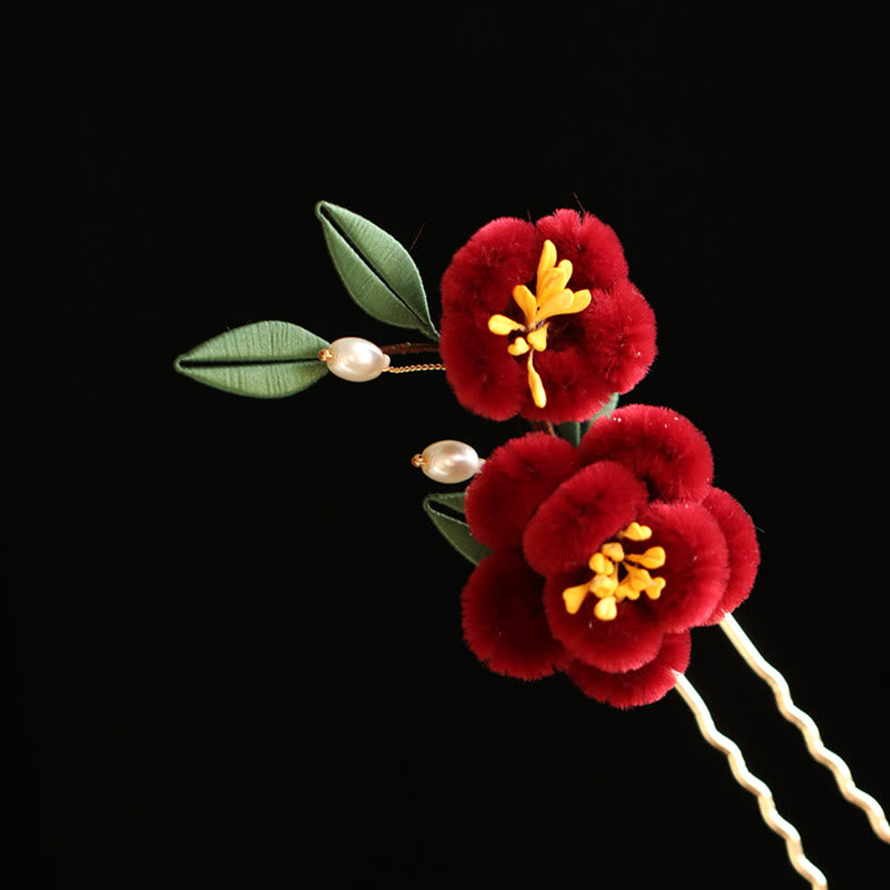 Buddha Stones im klassischen chinesischen Stil, rote Blume, blauer Schmetterling, Haarnadel, Haarspange, Haarkamm, Haarspange