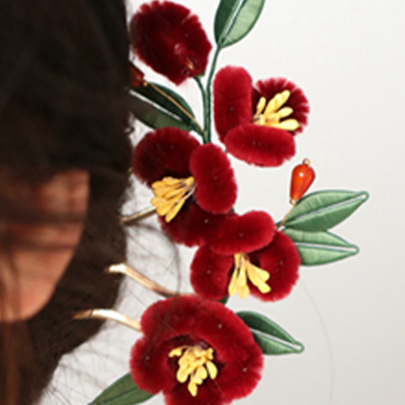 Buddha Stones im klassischen chinesischen Stil, rote Blume, blauer Schmetterling, Haarnadel, Haarspange, Haarkamm, Haarspange