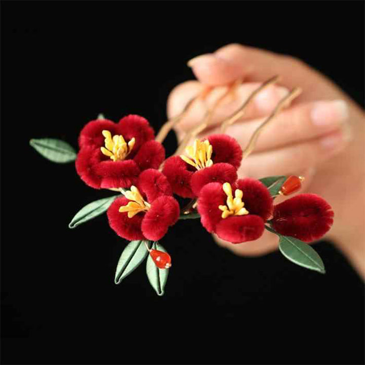 Buddha Stones im klassischen chinesischen Stil, rote Blume, blauer Schmetterling, Haarnadel, Haarspange, Haarkamm, Haarspange