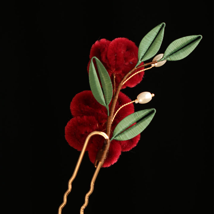 Buddha Stones im klassischen chinesischen Stil, rote Blume, blauer Schmetterling, Haarnadel, Haarspange, Haarkamm, Haarspange