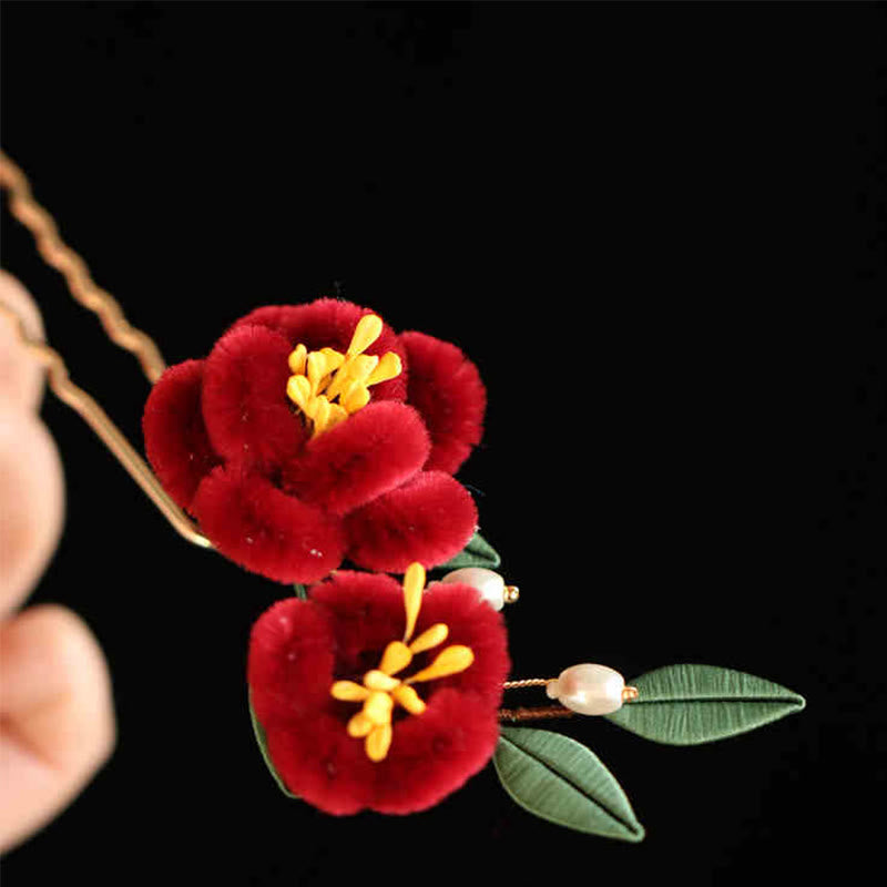 Buddha Stones im klassischen chinesischen Stil, rote Blume, blauer Schmetterling, Haarnadel, Haarspange, Haarkamm, Haarspange