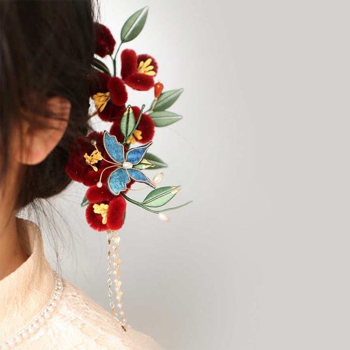 Buddha Stones im klassischen chinesischen Stil, rote Blume, blauer Schmetterling, Haarnadel, Haarspange, Haarkamm, Haarspange