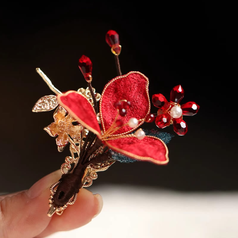 Buddha Stones Klassischen Chinesischen Stil Rote Blume Schmetterling Quaste Haar Kamm Haarnadel