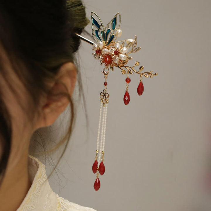 Buddha Stones im klassischen chinesischen Stil, Blumenzweig, Schmetterling, Perlenquaste, Haarspange, Haarnadel, Haarkrone