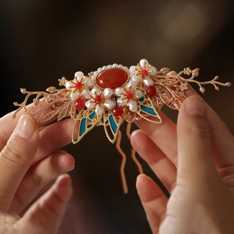 Buddha Stones im klassischen chinesischen Stil, Blumenzweig, Schmetterling, Perlenquaste, Haarspange, Haarnadel, Haarkrone