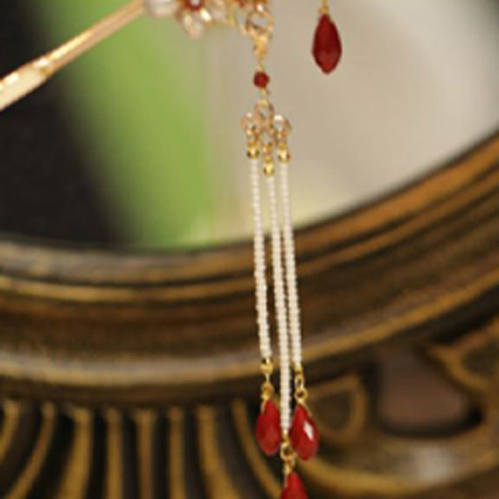 Buddha Stones im klassischen chinesischen Stil, Blumenzweig, Schmetterling, Perlenquaste, Haarspange, Haarnadel, Haarkrone