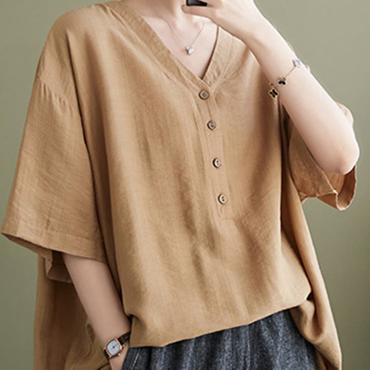 Buddha Stones Lässiges, einfarbiges Viskose-Shirt für Damen mit V-Ausschnitt und halblangen Ärmeln