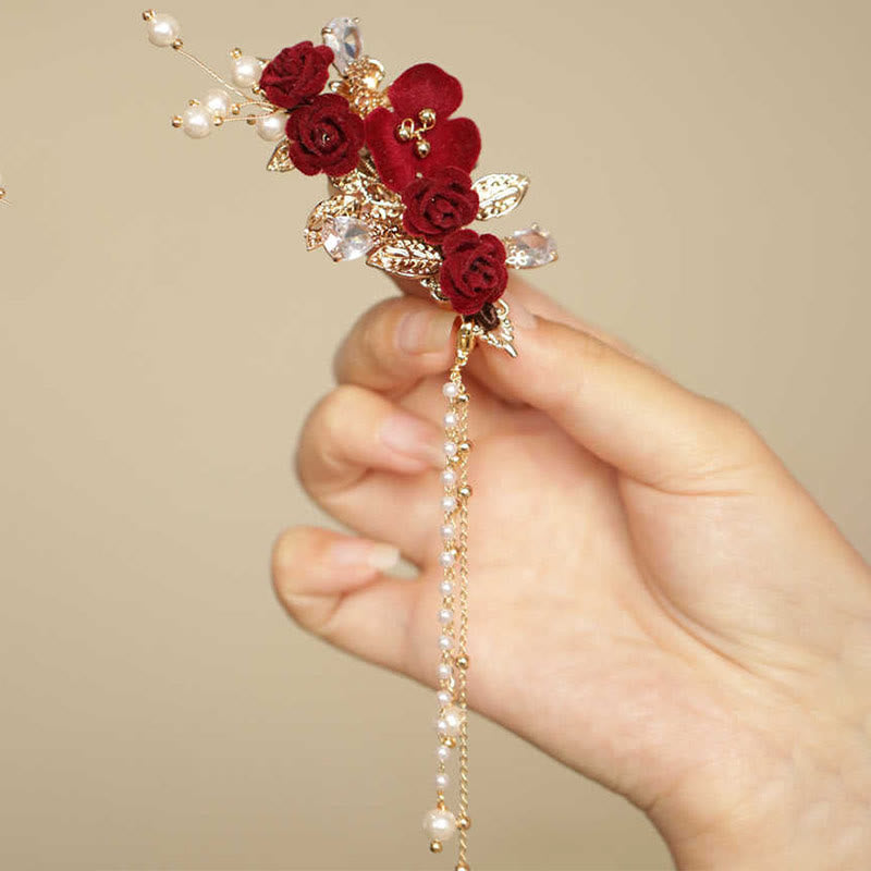 Haarspange mit Buddha Stones im Retro-chinesischen Stil, rote Kamelie, seitliche Quaste