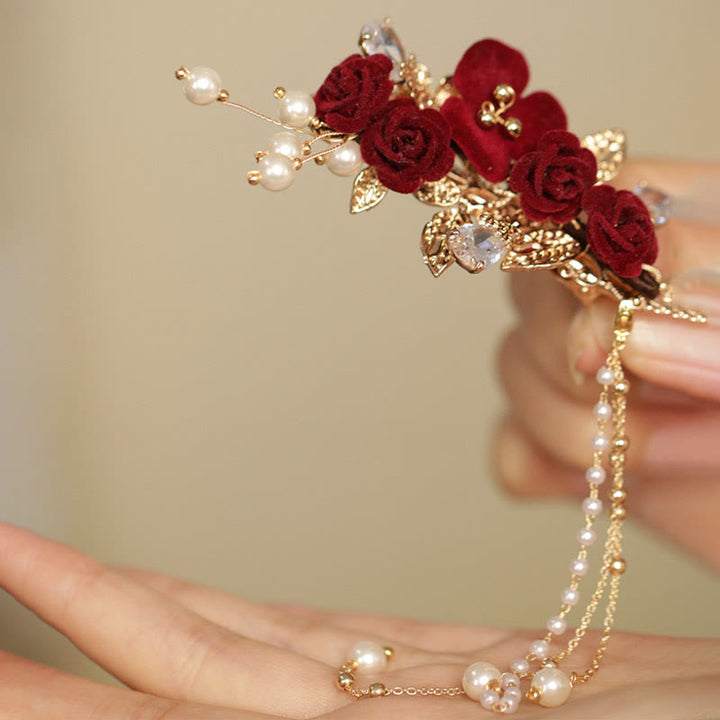 Haarspange mit Buddha Stones im Retro-chinesischen Stil, rote Kamelie, seitliche Quaste