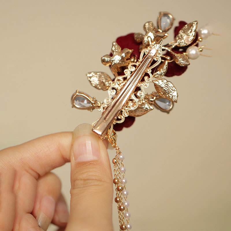 Haarspange mit Buddha Stones im Retro-chinesischen Stil, rote Kamelie, seitliche Quaste