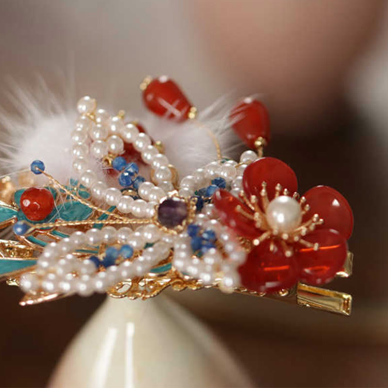 Haarspange mit Buddha Stones im klassischen chinesischen Stil, rote Blume, Schmetterling, Perle