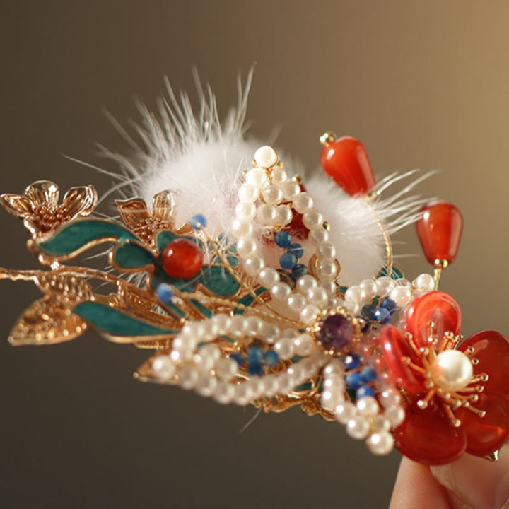 Haarspange mit Buddha Stones im klassischen chinesischen Stil, rote Blume, Schmetterling, Perle