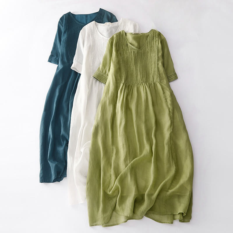 Buddha Stones – Lässiges, schlichtes Midikleid aus Baumwolle mit Akkordeonfalten, V-Ausschnitt, kurzen Ärmeln und Taschen - image 1