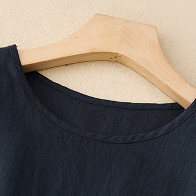 Buddha Stones – Lässiges, schlichtes Midikleid aus Baumwolle und Leinen mit Rundhalsausschnitt, Schnürung und halblangen Ärmeln und Taschen - image 4