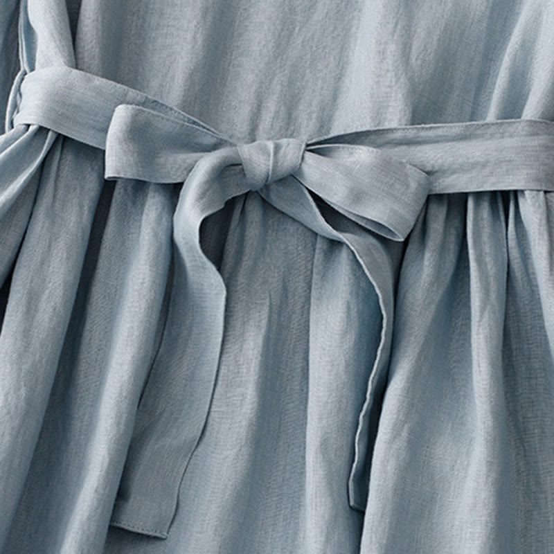 Buddha Stones – Lässiges, schlichtes Midikleid aus Baumwolle und Leinen mit Rundhalsausschnitt, Schnürung und halblangen Ärmeln und Taschen - image 11