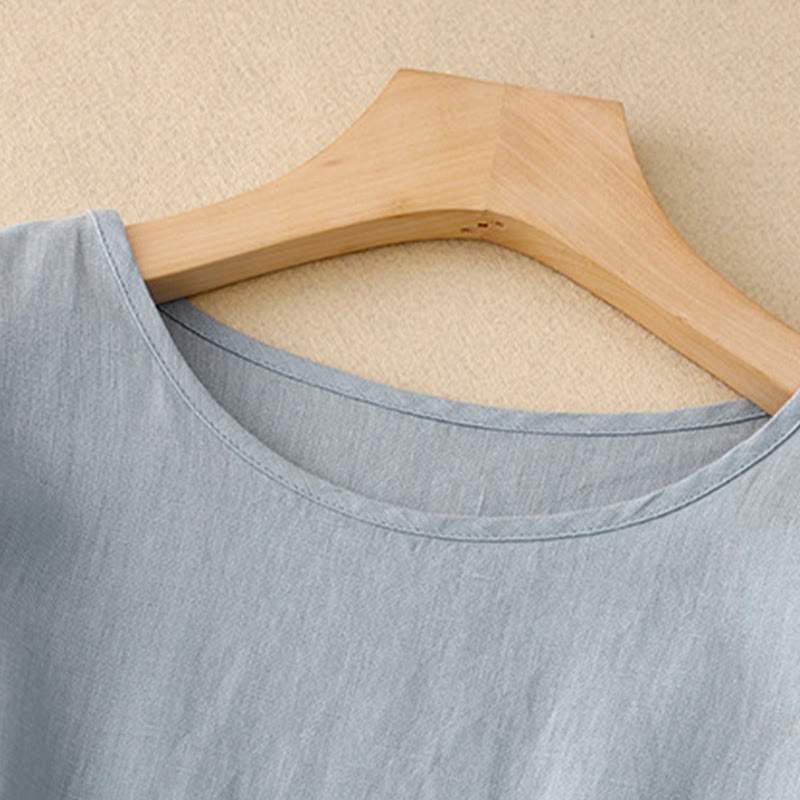 Buddha Stones – Lässiges, schlichtes Midikleid aus Baumwolle und Leinen mit Rundhalsausschnitt, Schnürung und halblangen Ärmeln und Taschen - image 10