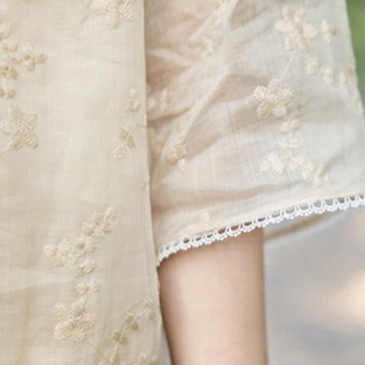 Buddha Stones – Lässiges Ramie-Midikleid mit besticktem Schrägkragen, Stehkragen, halblangen Ärmeln und Taschen - image 6