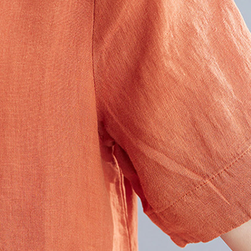 Buddha Stones Lässiges, lockeres, einfarbiges Midikleid aus Baumwolle und Leinen mit Rundhalsausschnitt und halblangen Ärmeln und Taschen - image 18