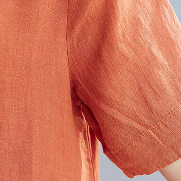 Buddha Stones Lässiges, lockeres, einfarbiges Midikleid aus Baumwolle und Leinen mit Rundhalsausschnitt und halblangen Ärmeln und Taschen - image 18