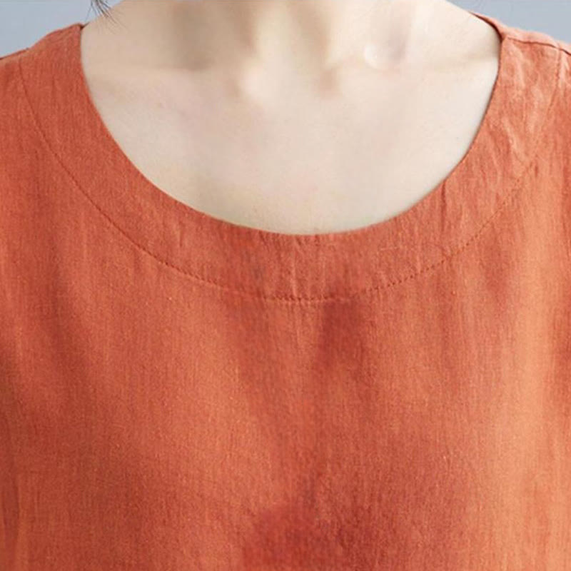 Buddha Stones Lässiges, lockeres, einfarbiges Midikleid aus Baumwolle und Leinen mit Rundhalsausschnitt und halblangen Ärmeln und Taschen - image 20