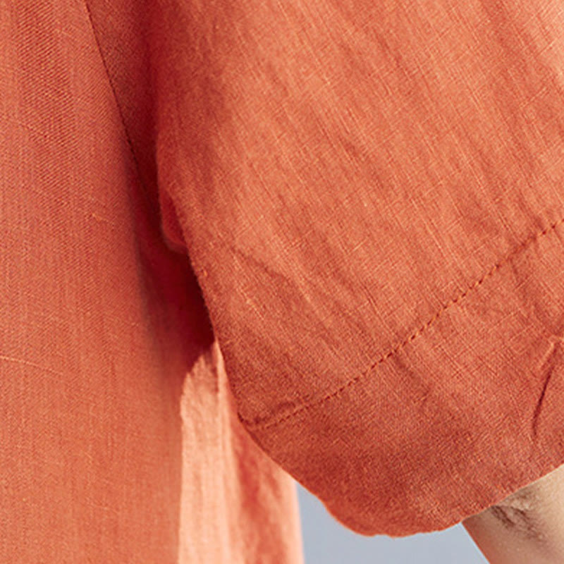 Buddha Stones Lässiges, lockeres, einfarbiges Midikleid aus Baumwolle und Leinen mit Rundhalsausschnitt und halblangen Ärmeln und Taschen - image 21