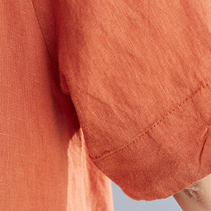 Buddha Stones Lässiges, lockeres, einfarbiges Midikleid aus Baumwolle und Leinen mit Rundhalsausschnitt und halblangen Ärmeln und Taschen - image 21